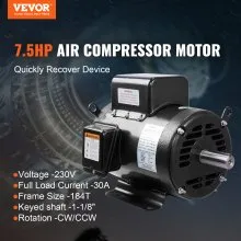 VEVOR 7.5HP Air Compressor Motor, 230V 30 Amps Electric Motor, 3450RPM 184T Frame, 1-1/8" Keyed Shaft, 2.75" Shaft Length for Air Compressors, CW/CCW Rotation
