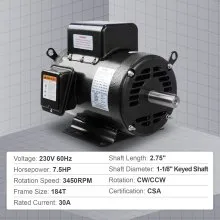 VEVOR 7.5HP Air Compressor Motor, 230V 30 Amps Electric Motor, 3450RPM 184T Frame, 1-1/8" Keyed Shaft, 2.75" Shaft Length for Air Compressors, CW/CCW Rotation