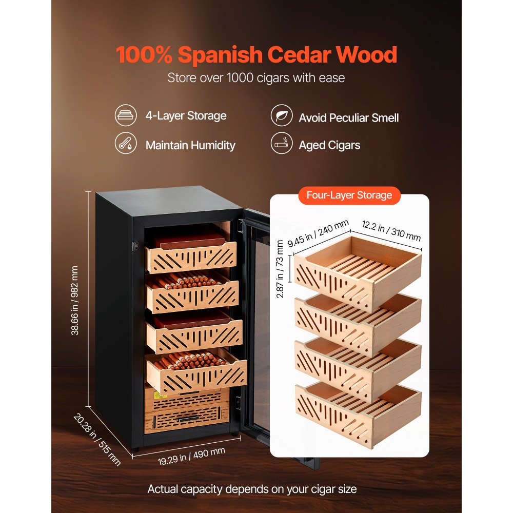VEVOR Electric Humidor, 105L, 1000 Counts Electric Cigar Humidor Cabinet with Compressor Cooling, Constant Humidity & Temperature Control, Spanish Cedar Wood Shelves & Drawers, 4 Layers, for Household