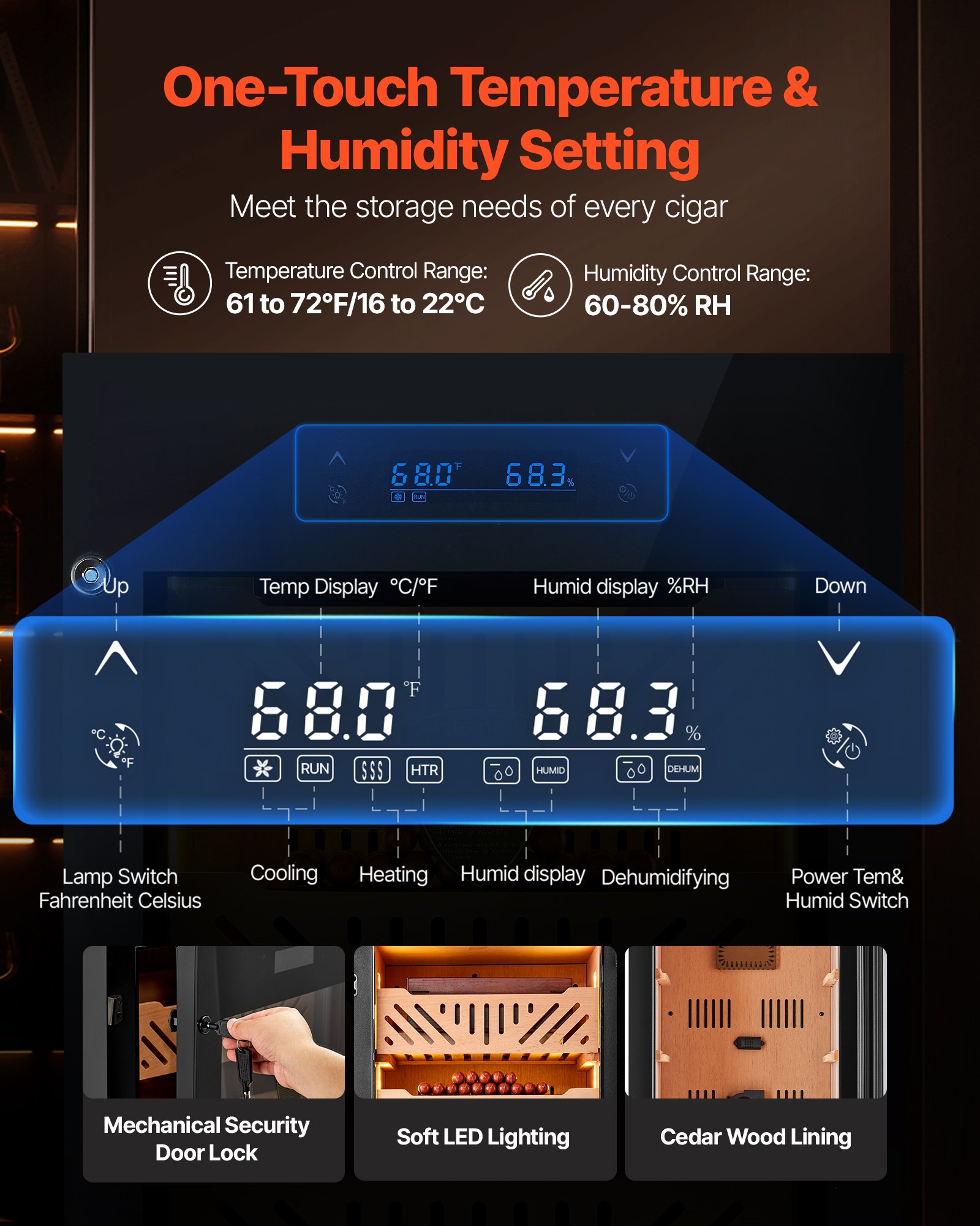 VEVOR Electric Humidor, 105L, 1000 Counts Electric Cigar Humidor Cabinet with Compressor Cooling, Constant Humidity & Temperature Control, Spanish Cedar Wood Shelves & Drawers, 4 Layers, for Household