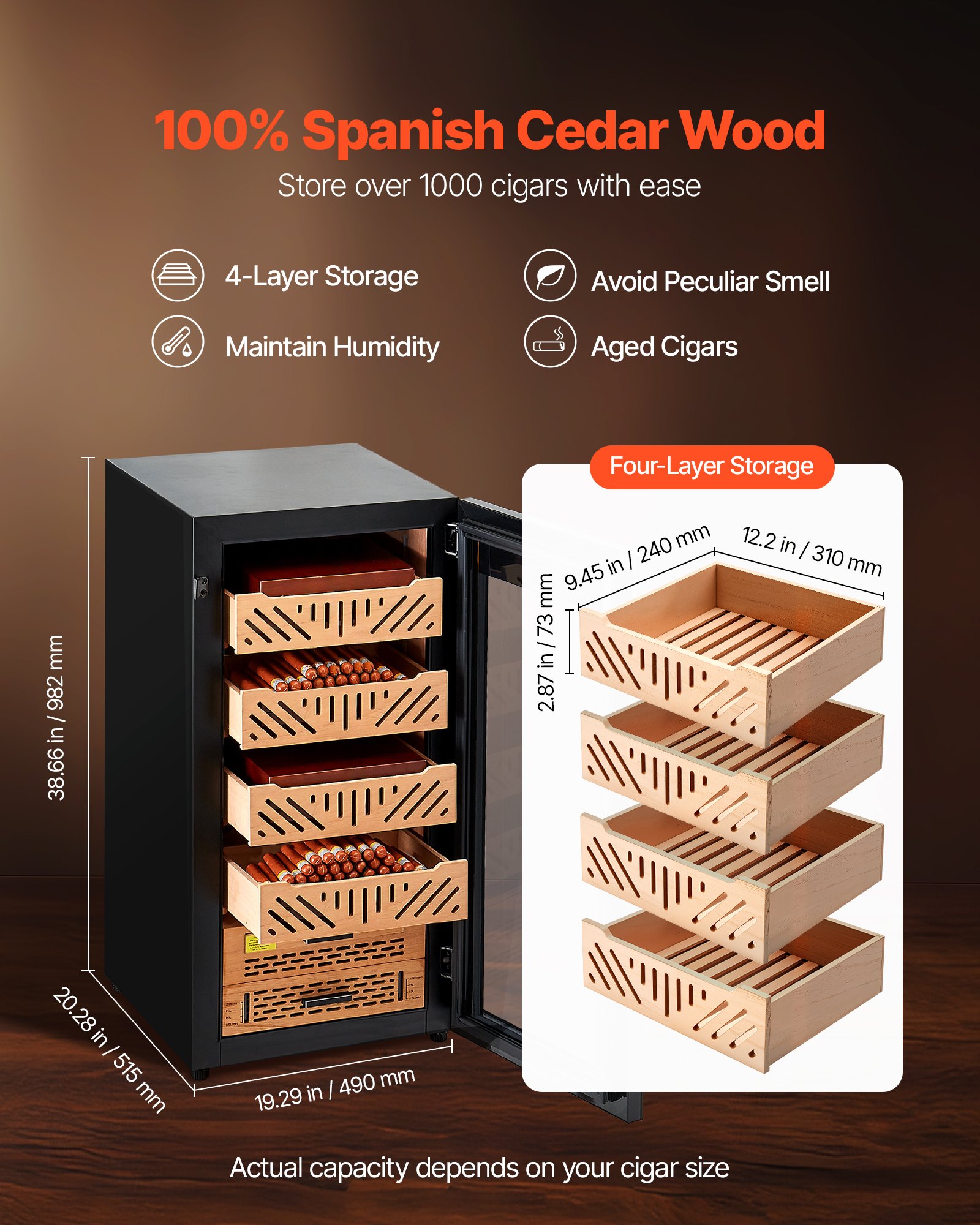 VEVOR Electric Humidor, 105L, 1000 Counts Electric Cigar Humidor Cabinet with Compressor Cooling, Constant Humidity & Temperature Control, Spanish Cedar Wood Shelves & Drawers, 4 Layers, for Household