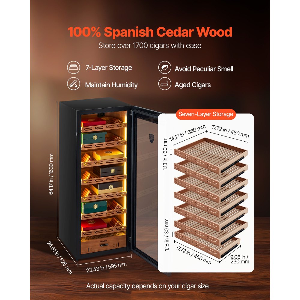 VEVOR Electric Humidor, 288L, 1700 Counts Electric Cigar Humidor Cabinet with Compressor Cooling, Constant Humidity & Temperature Control, Spanish Cedar Wood Shelves & Drawers, 7 Layers, for Household
