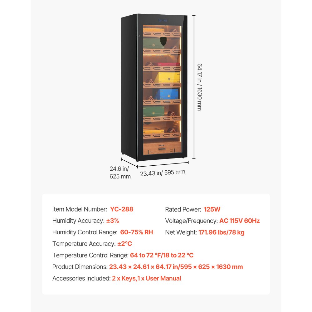 VEVOR Electric Humidor, 288L, 1700 Counts Electric Cigar Humidor Cabinet with Compressor Cooling, Constant Humidity & Temperature Control, Spanish Cedar Wood Shelves & Drawers, 7 Layers, for Household
