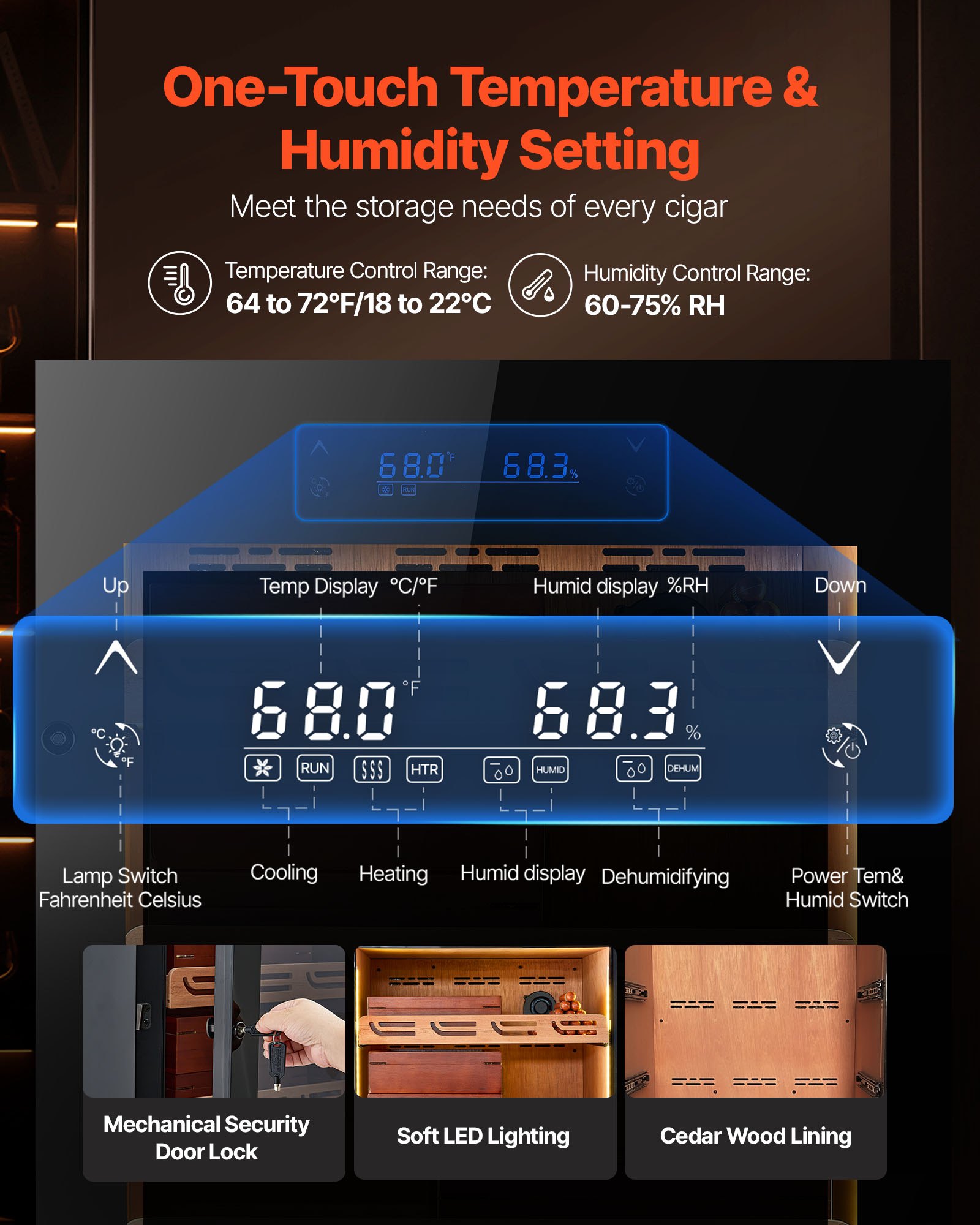VEVOR Electric Humidor, 288L, 1700 Counts Electric Cigar Humidor Cabinet with Compressor Cooling, Constant Humidity & Temperature Control, Spanish Cedar Wood Shelves & Drawers, 7 Layers, for Household