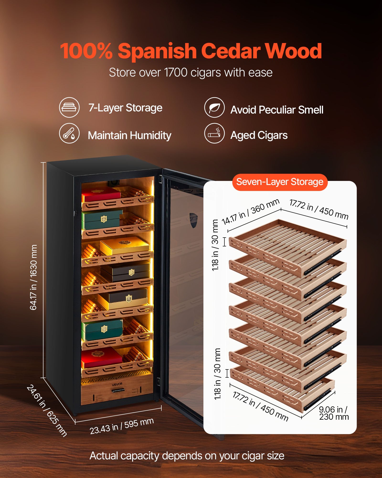 VEVOR Electric Humidor, 288L, 1700 Counts Electric Cigar Humidor Cabinet with Compressor Cooling, Constant Humidity & Temperature Control, Spanish Cedar Wood Shelves & Drawers, 7 Layers, for Household