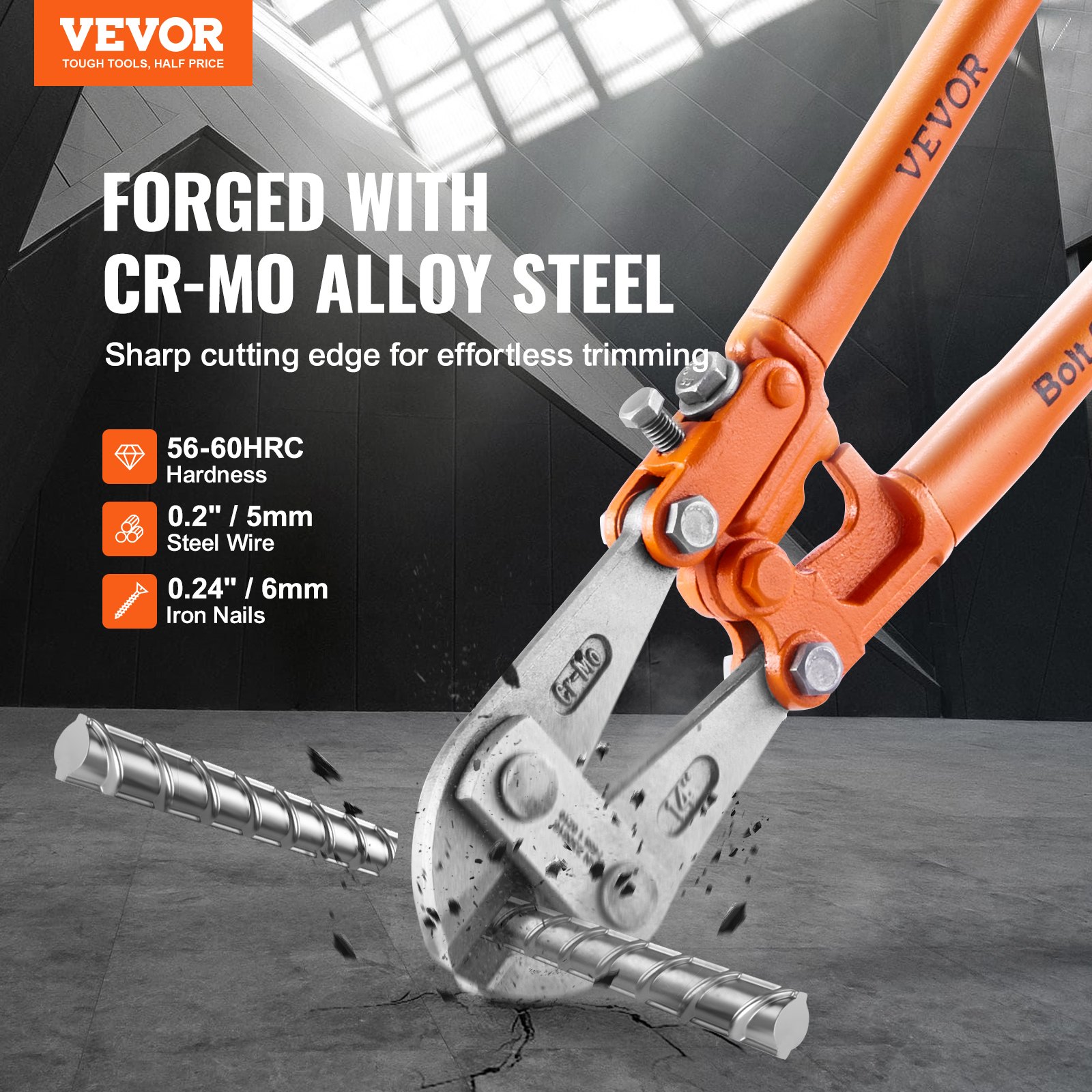 VEVOR Bolt Cutter, 14" Lock Cutter, Bi-Material Handle with Soft Rubber Grip, Chrome Molybdenum Alloy Steel Blade, Heavy Duty Bolt Cutter for Rods, Bolts, Wires, Cables, Rivets, and Chains
