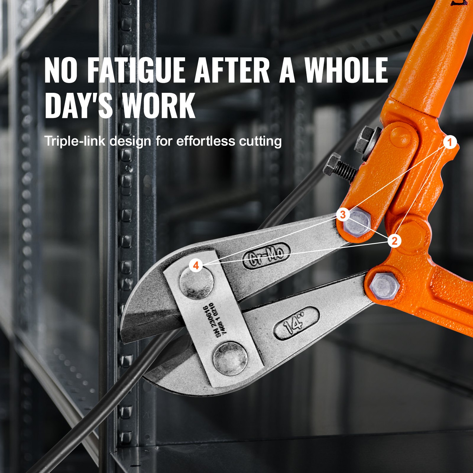 VEVOR Bolt Cutter, 14" Lock Cutter, Bi-Material Handle with Soft Rubber Grip, Chrome Molybdenum Alloy Steel Blade, Heavy Duty Bolt Cutter for Rods, Bolts, Wires, Cables, Rivets, and Chains