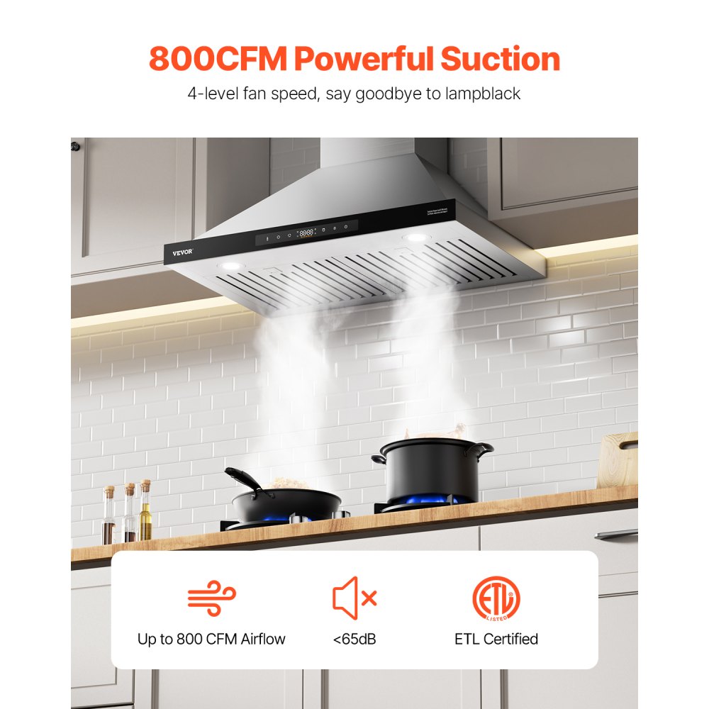 VEVOR Wall Mount Range Hood, 30 inch Chimney-Style Ceiling Mount Vent, 800 CFM Stainless Steel Kitchen Stove Hood with Gesture & Touch Control, LED Light, Baffle Filters, Ducted/Ductless Convertible