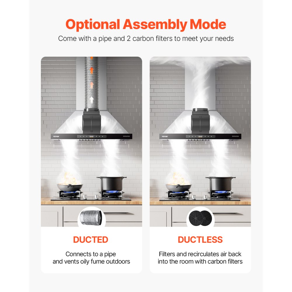 VEVOR Wall Mount Range Hood, 30 inch Chimney-Style Ceiling Mount Vent, 800 CFM Stainless Steel Kitchen Stove Hood with Gesture & Touch Control, LED Light, Baffle Filters, Ducted/Ductless Convertible