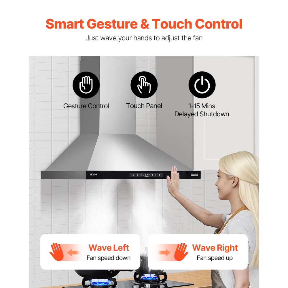 VEVOR Wall Mount Range Hood, 30 inch Chimney-Style Ceiling Mount Vent, 800 CFM Stainless Steel Kitchen Stove Hood with Gesture & Touch Control, LED Light, Baffle Filters, Ducted/Ductless Convertible