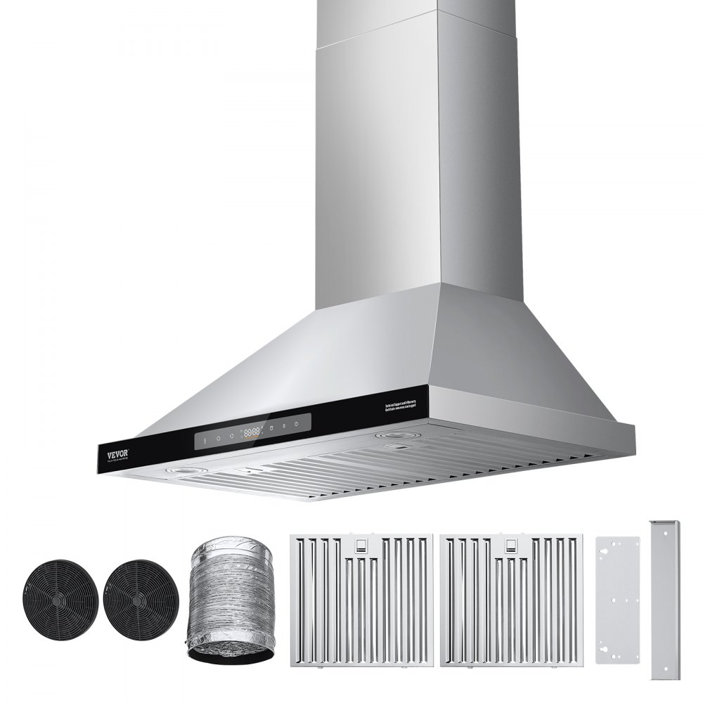 VEVOR Wall Mount Range Hood, 30 inch Chimney-Style Ceiling Mount Vent, 800 CFM Stainless Steel Kitchen Stove Hood with Gesture & Touch Control, LED Light, Baffle Filters, Ducted/Ductless Convertible