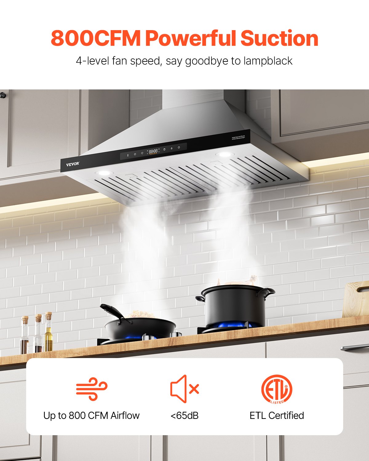 VEVOR Wall Mount Range Hood, 30 inch Chimney-Style Ceiling Mount Vent, 800 CFM Stainless Steel Kitchen Stove Hood with Gesture & Touch Control, LED Light, Baffle Filters, Ducted/Ductless Convertible