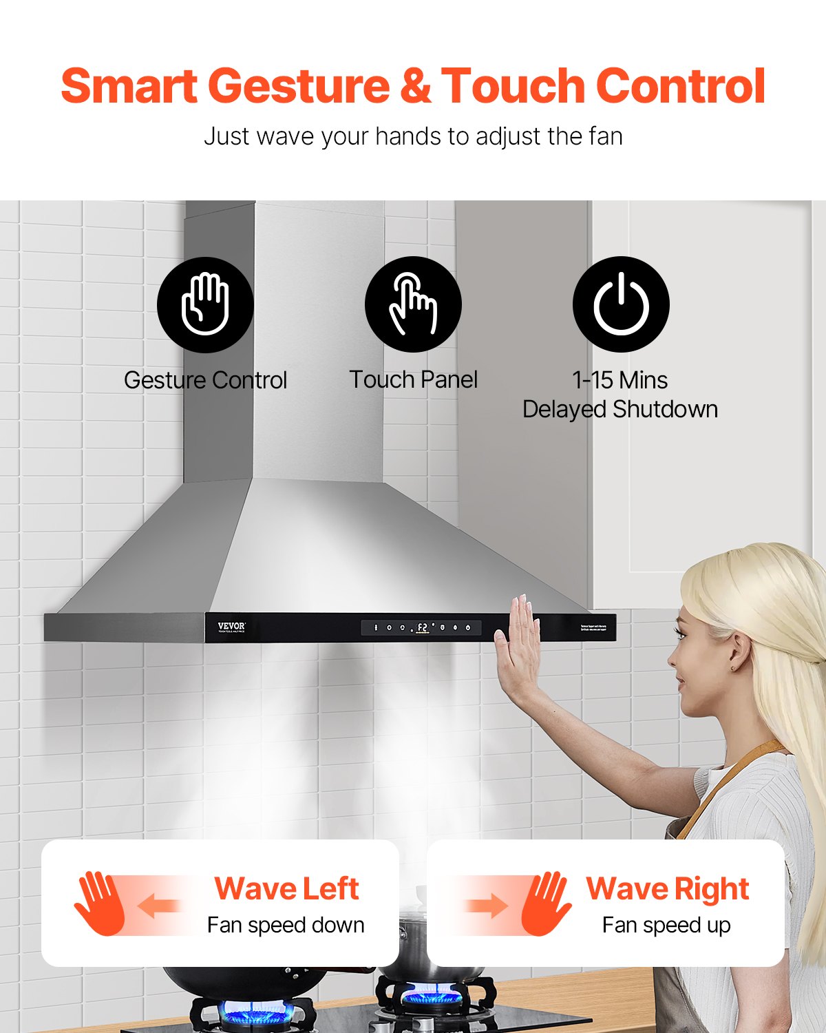 VEVOR Wall Mount Range Hood, 30 inch Chimney-Style Ceiling Mount Vent, 800 CFM Stainless Steel Kitchen Stove Hood with Gesture & Touch Control, LED Light, Baffle Filters, Ducted/Ductless Convertible