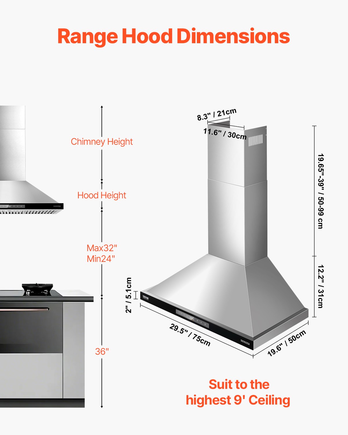 VEVOR Wall Mount Range Hood, 30 inch Chimney-Style Ceiling Mount Vent, 800 CFM Stainless Steel Kitchen Stove Hood with Gesture & Touch Control, LED Light, Baffle Filters, Ducted/Ductless Convertible