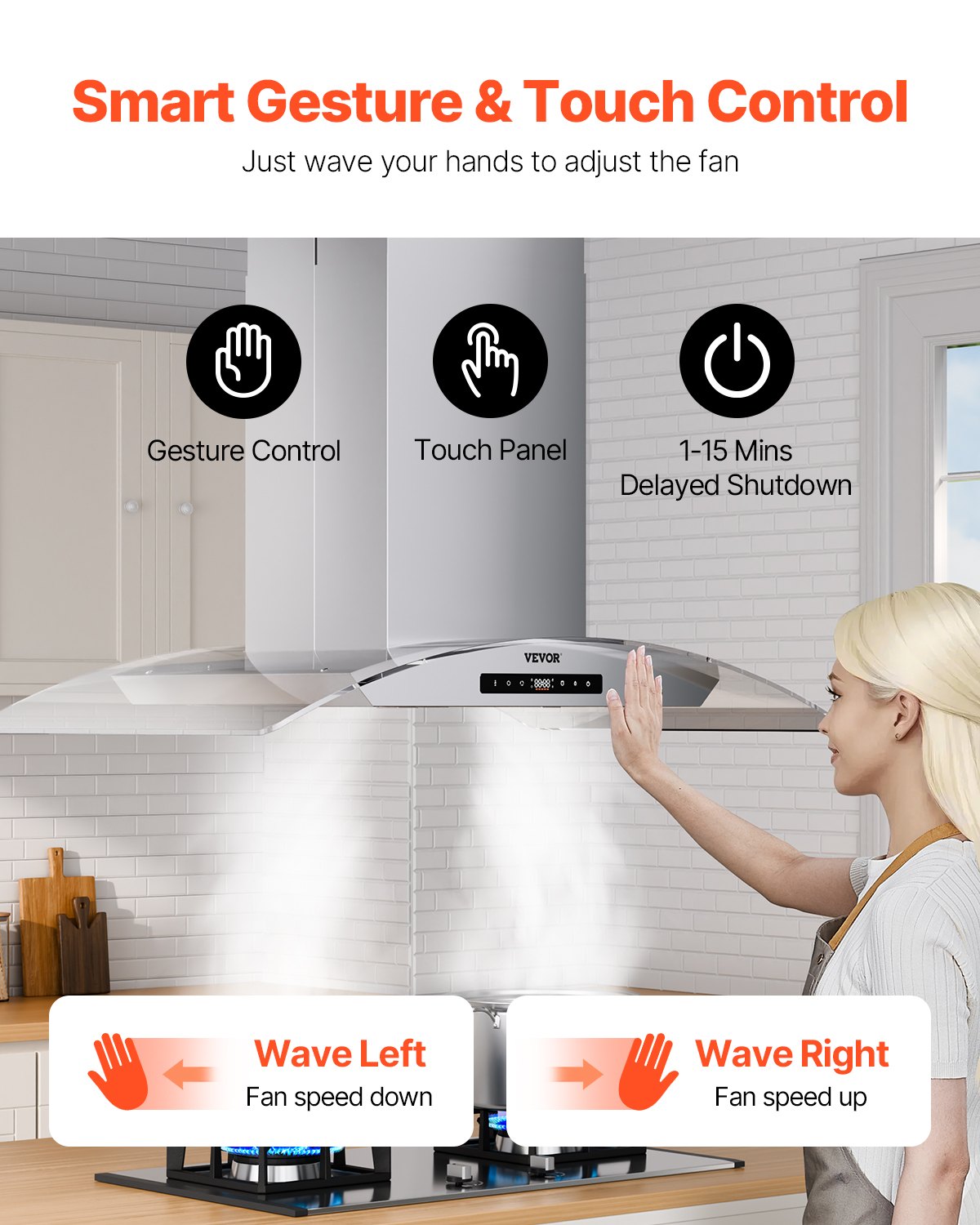 VEVOR Wall Mount Range Hood, 36 inch Chimney-Style Ceiling Mount Vent, 800 CFM Stainless Steel Kitchen Stove Hood with Gesture & Touch Control, LED Light, Baffle Filters, Ducted/Ductless Convertible