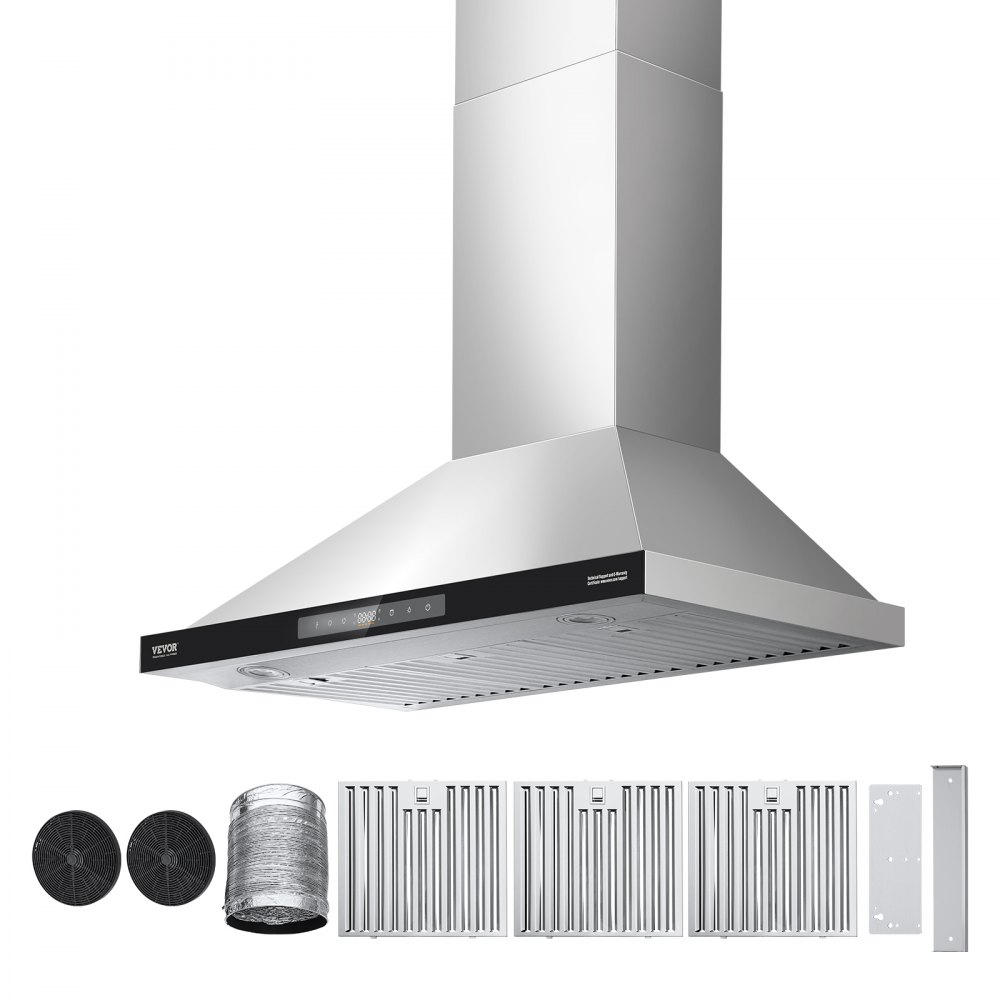 VEVOR Wall Mount Range Hood, 36 inch Chimney-Style Ceiling Mount Vent, 800 CFM Stainless Steel Kitchen Stove Hood with Gesture & Touch Control, LED Light, Baffle Filters, Ducted/Ductless Convertible