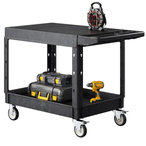 VEVOR Utility Cart, 550 lbs Load Capacity, 37 x 25.4-inch Service Cart, Two-Shelf Heavy Duty Plastic Utility Cart with 360° Swivel Wheels (2 with Brakes), Suitable for Warehouse, Garage, Cleaning