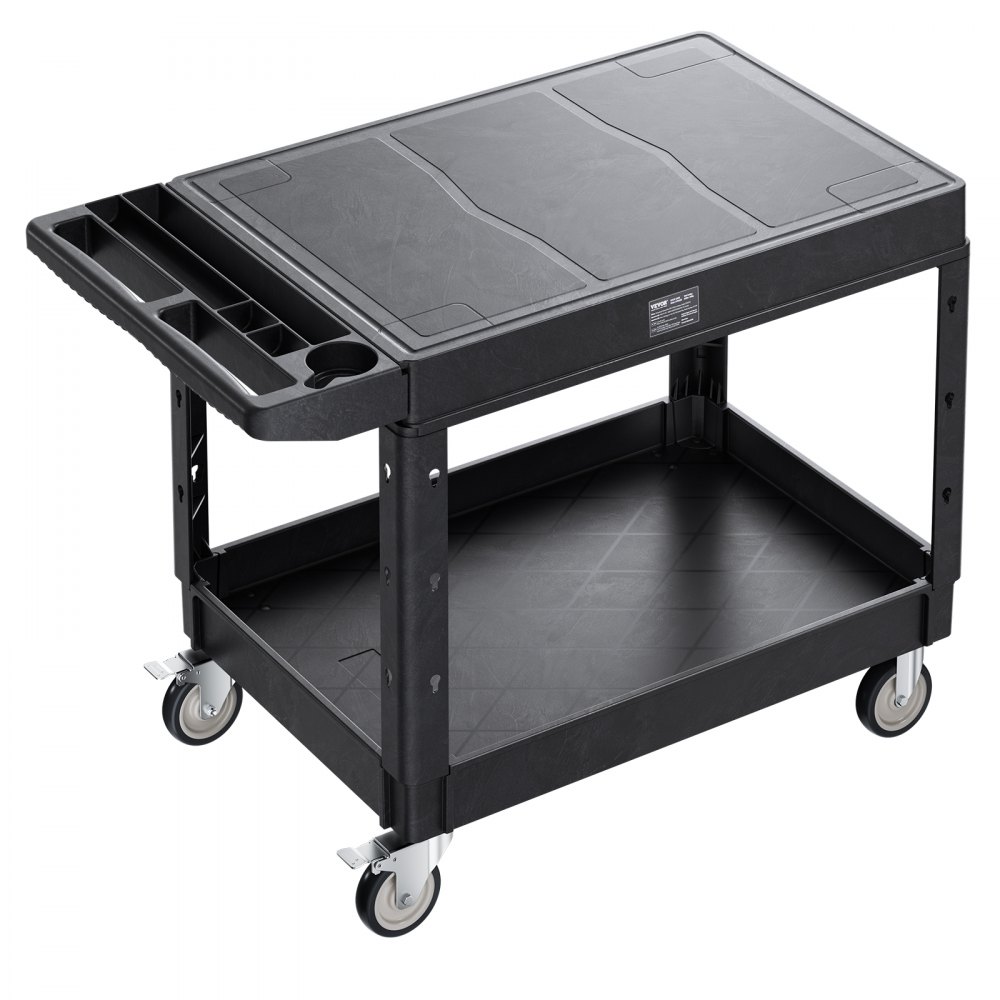 VEVOR Utility Cart, 550 lbs Load Capacity, 37 x 25.4-inch Service Cart, Two-Shelf Heavy Duty Plastic Utility Cart with 360° Swivel Wheels (2 with Brakes), Suitable for Warehouse, Garage, Cleaning