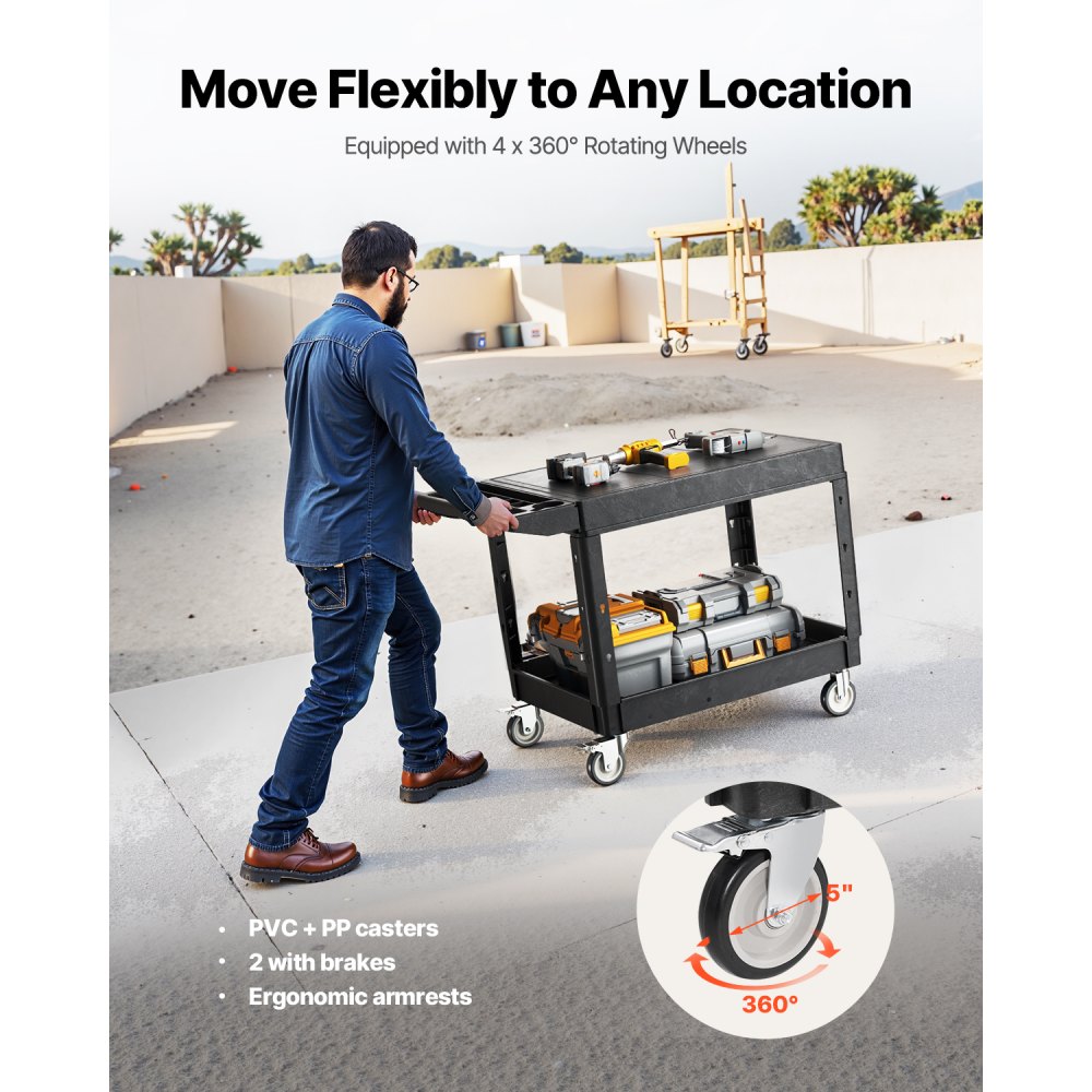 VEVOR Utility Cart, 550 lbs Load Capacity, 37 x 25.4-inch Service Cart, Two-Shelf Heavy Duty Plastic Utility Cart with 360° Swivel Wheels (2 with Brakes), Suitable for Warehouse, Garage, Cleaning