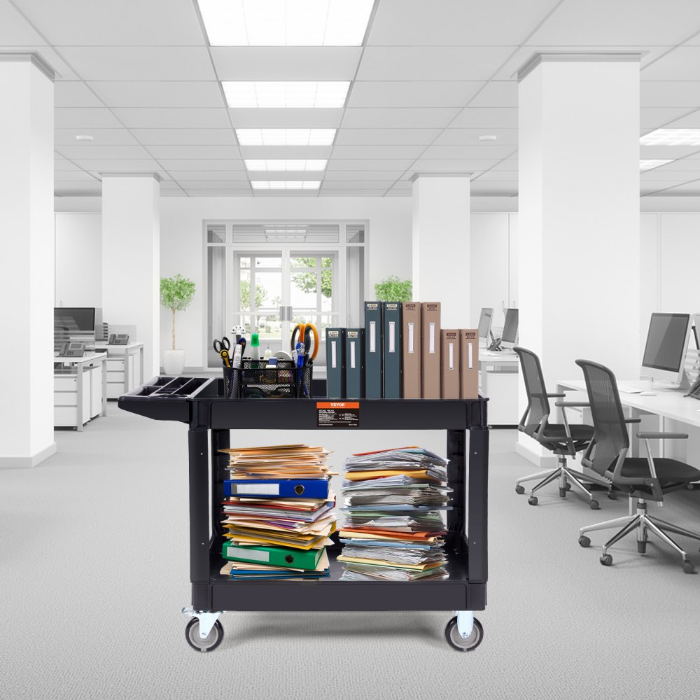 VEVOR Utility Service Cart, 2 Shelf 249.5 kg Heavy Duty Plastic Rolling Utility Cart with 360° Swivel Wheels (2 with Brakes), Large Lipped Shelf, Ergonomic Storage Handle for Warehouse/Garage/Cleaning