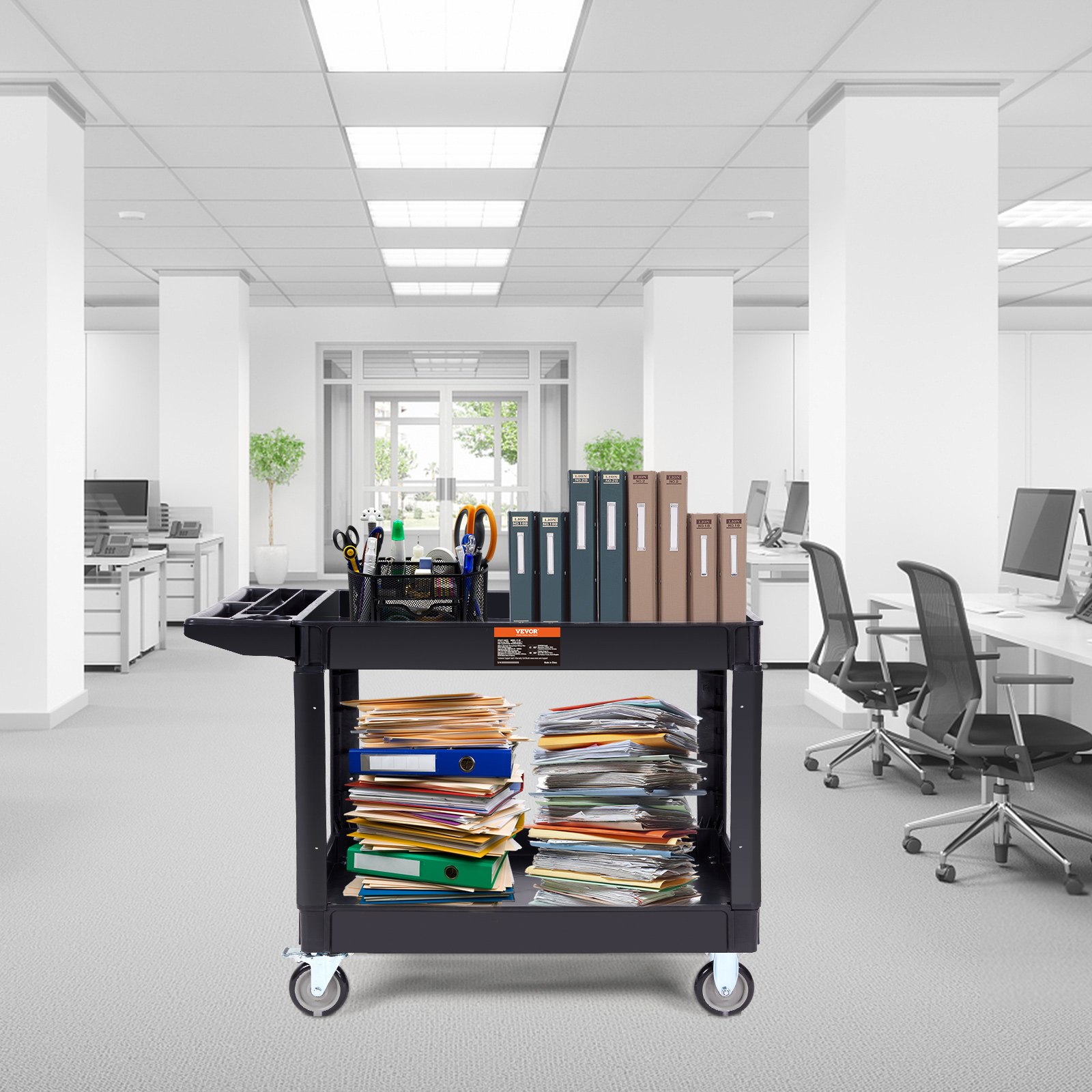 VEVOR Utility Service Cart, 2 Shelf 249.5 kg Heavy Duty Plastic Rolling Utility Cart with 360° Swivel Wheels (2 with Brakes), Large Lipped Shelf, Ergonomic Storage Handle for Warehouse/Garage/Cleaning