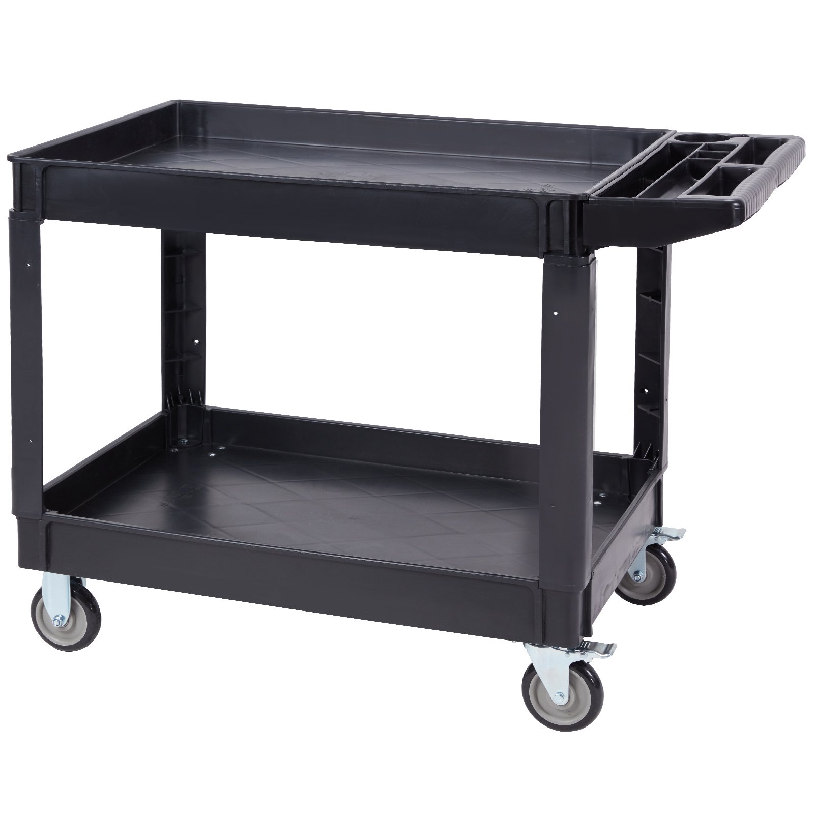 VEVOR Utility Service Cart, 2 Shelf 249.5 kg Heavy Duty Plastic Rolling Utility Cart with 360° Swivel Wheels (2 with Brakes), Large Lipped Shelf, Ergonomic Storage Handle for Warehouse/Garage/Cleaning