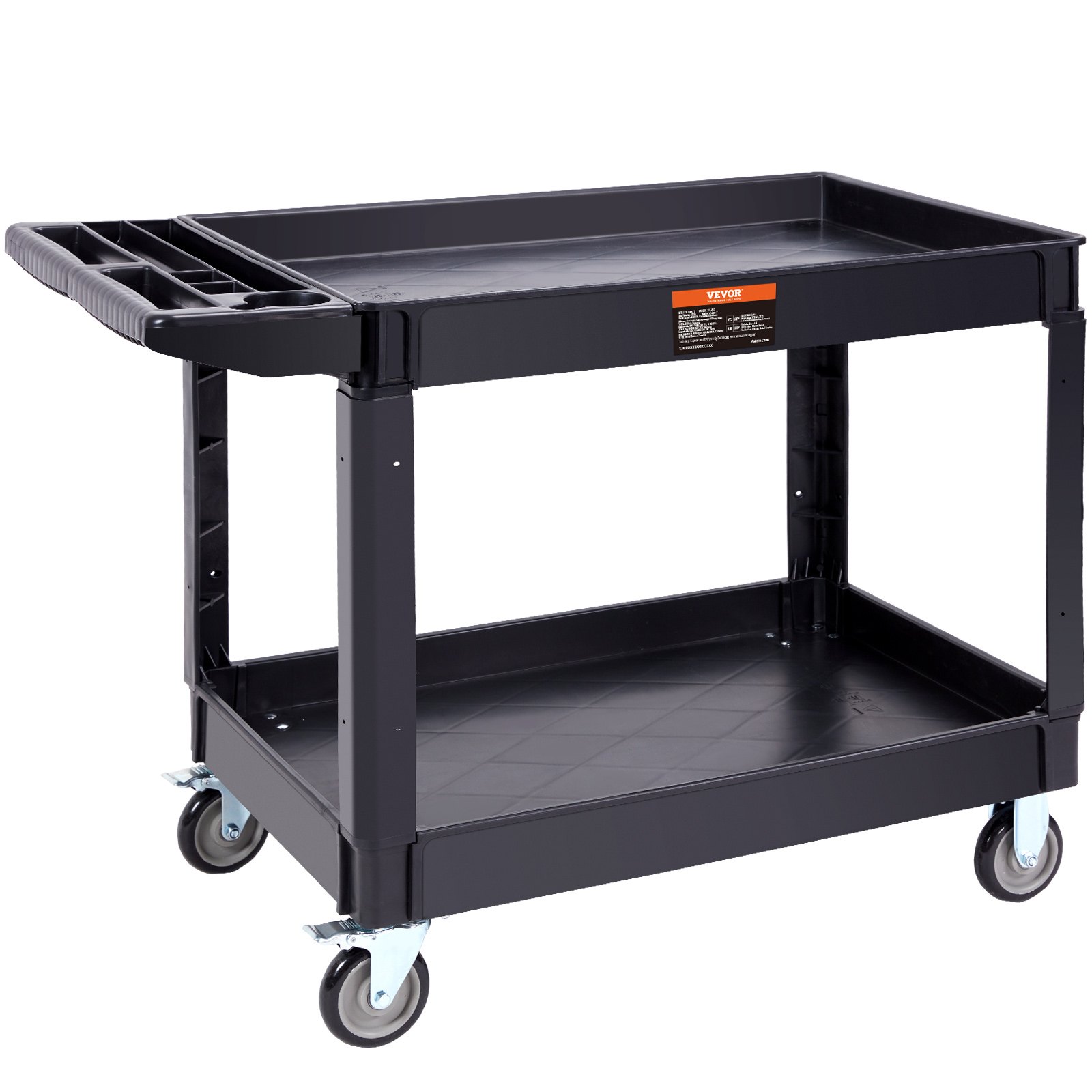 VEVOR Utility Service Cart, 2 Shelf 249.5 kg Heavy Duty Plastic Rolling Utility Cart with 360° Swivel Wheels (2 with Brakes), Large Lipped Shelf, Ergonomic Storage Handle for Warehouse/Garage/Cleaning