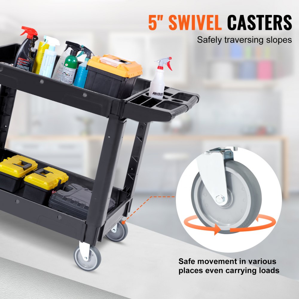 VEVOR Utility Service Cart, 2 Shelf 550LBS Heavy Duty Plastic Rolling Utility Cart with 360° Swivel Wheels, Medium Lipped Shelf, Ergonomic Storage Handle for Warehouse/Garage/Cleaning/Office