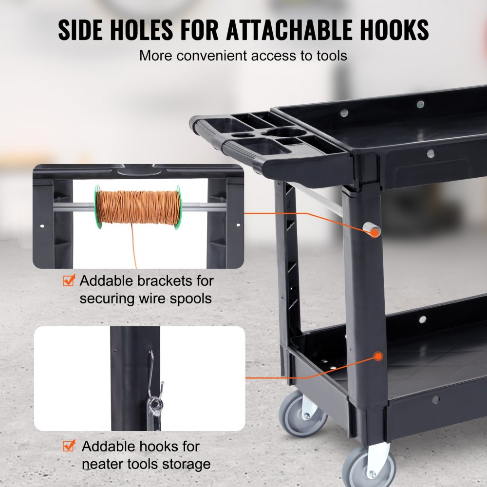 VEVOR Utility Service Cart, 2 Shelf 550LBS Heavy Duty Plastic Rolling Utility Cart with 360° Swivel Wheels, Medium Lipped Shelf, Ergonomic Storage Handle for Warehouse/Garage/Cleaning/Office