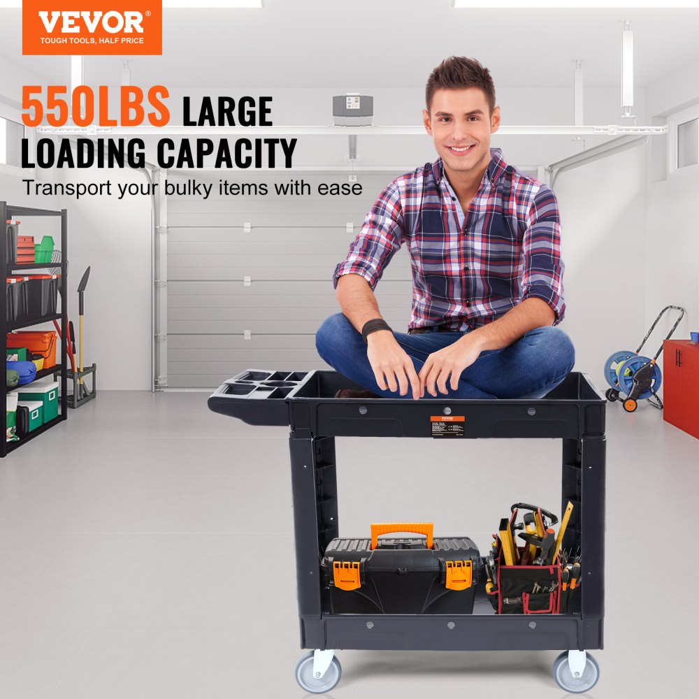 VEVOR Utility Service Cart, 2 Shelf 250kg Heavy Duty Plastic Rolling Utility Cart with 360° Swivel Wheels, Medium Lipped Shelf, Ergonomic Storage Handle for Warehouse/Garage/Cleaning/Office