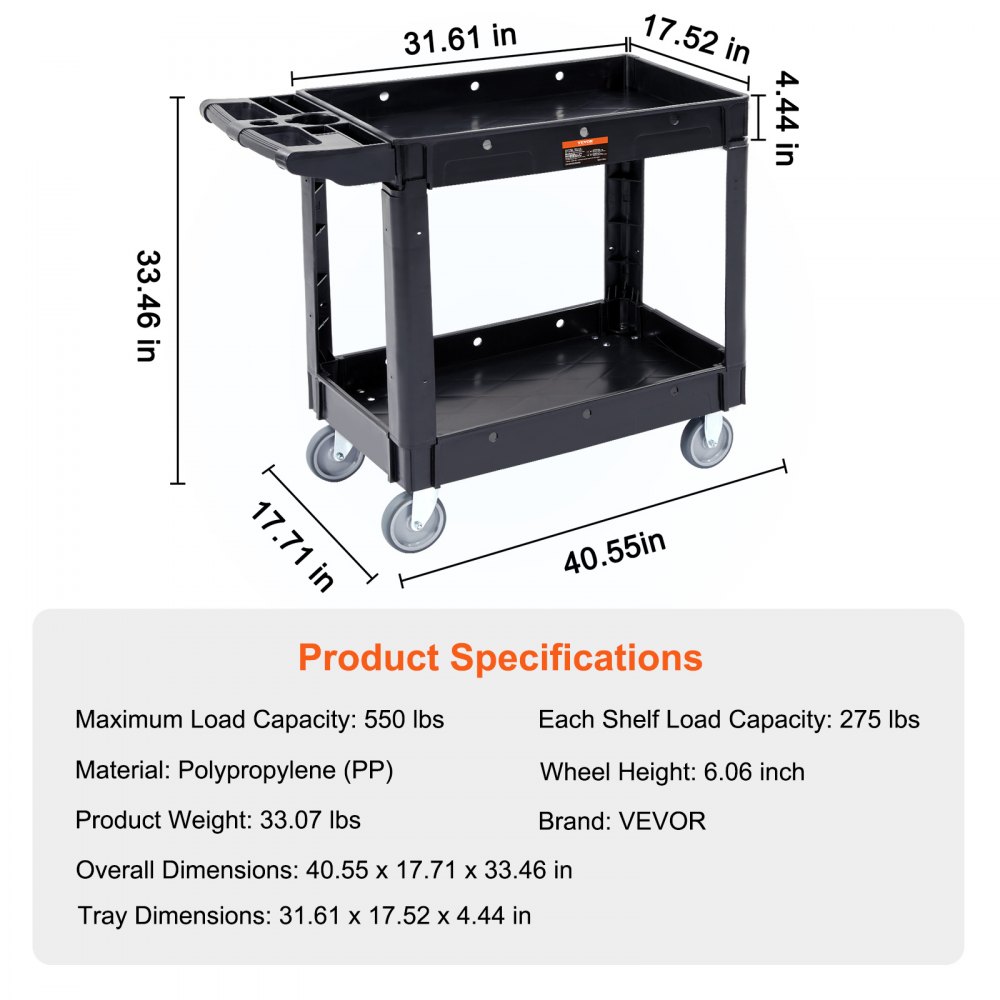 VEVOR Utility Service Cart, 2 Shelf 250kg Heavy Duty Plastic Rolling Utility Cart with 360° Swivel Wheels, Medium Lipped Shelf, Ergonomic Storage Handle for Warehouse/Garage/Cleaning/Office