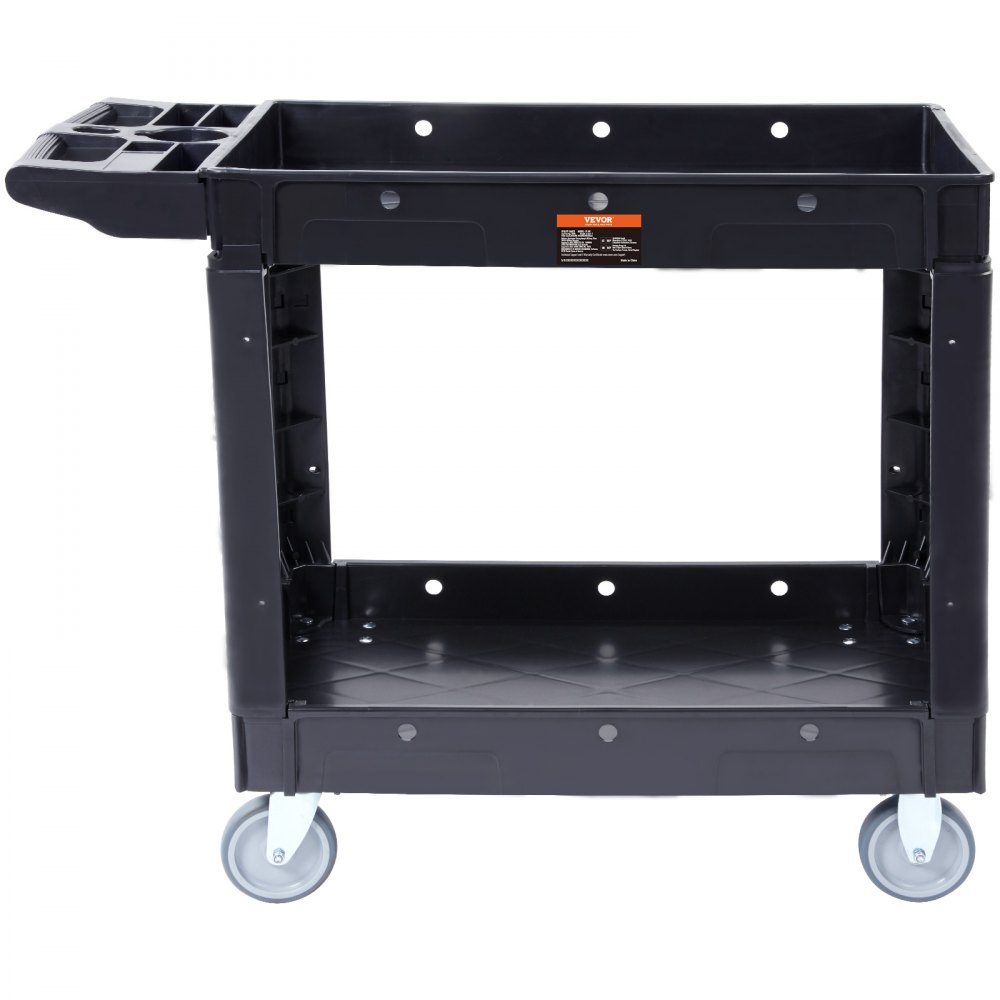 VEVOR Utility Service Cart, 2 Shelf 250kg Heavy Duty Plastic Rolling Utility Cart with 360° Swivel Wheels, Medium Lipped Shelf, Ergonomic Storage Handle for Warehouse/Garage/Cleaning/Office