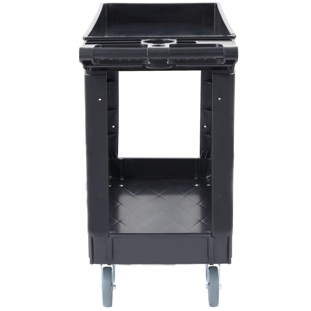 VEVOR Utility Service Cart, 2 Shelf 250kg Heavy Duty Plastic Rolling Utility Cart with 360° Swivel Wheels, Medium Lipped Shelf, Ergonomic Storage Handle for Warehouse/Garage/Cleaning/Office