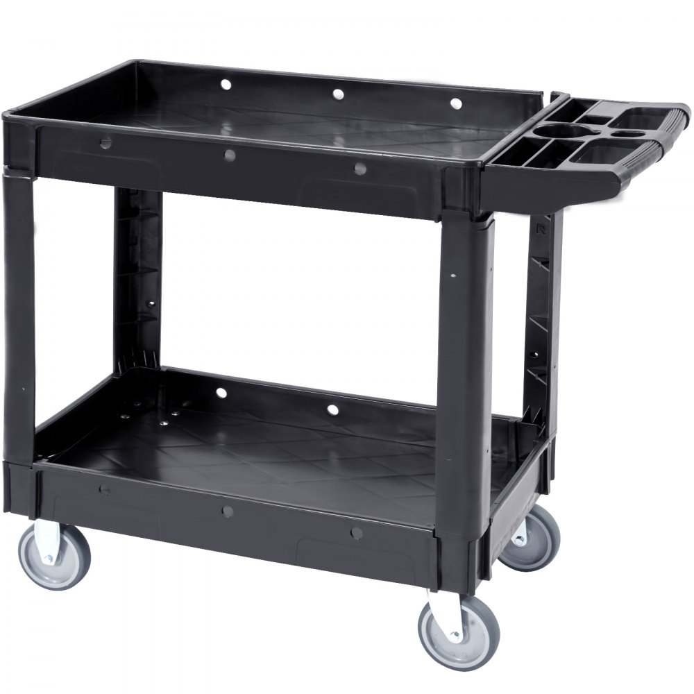 VEVOR Utility Service Cart, 2 Shelf 250kg Heavy Duty Plastic Rolling Utility Cart with 360° Swivel Wheels, Medium Lipped Shelf, Ergonomic Storage Handle for Warehouse/Garage/Cleaning/Office
