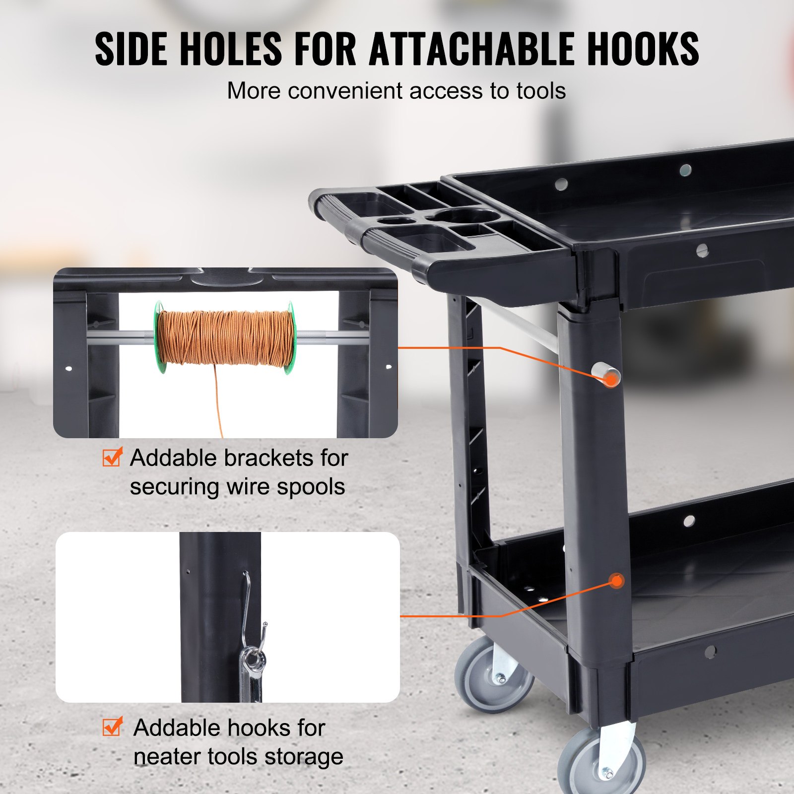 VEVOR Utility Service Cart, 2 Shelf 550LBS Heavy Duty Plastic Rolling Utility Cart with 360° Swivel Wheels, Medium Lipped Shelf, Ergonomic Storage Handle for Warehouse/Garage/Cleaning/Office