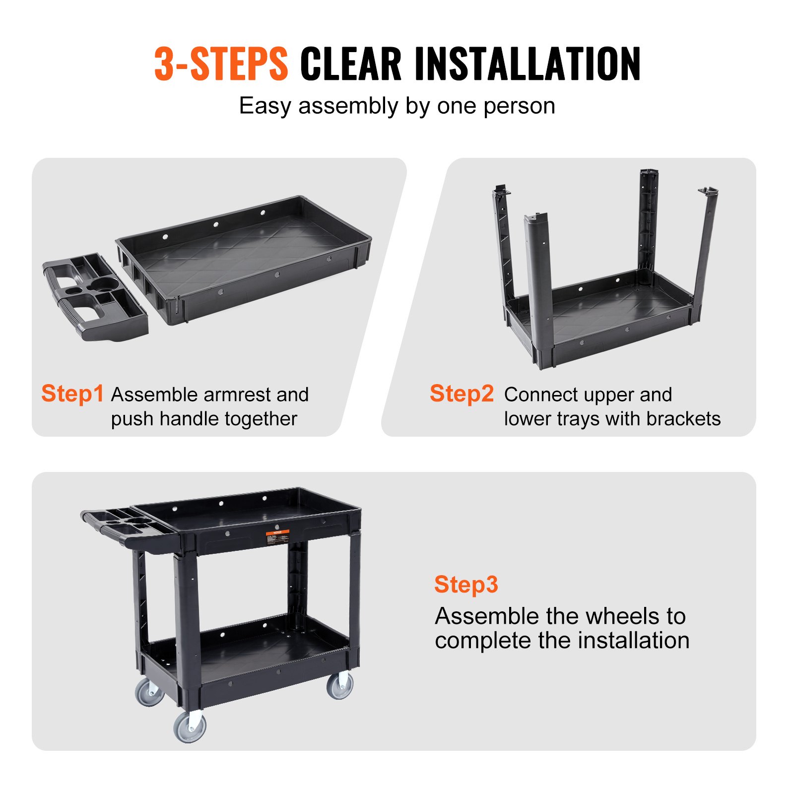 VEVOR Utility Service Cart, 2 Shelf 550LBS Heavy Duty Plastic Rolling Utility Cart with 360° Swivel Wheels, Medium Lipped Shelf, Ergonomic Storage Handle for Warehouse/Garage/Cleaning/Office