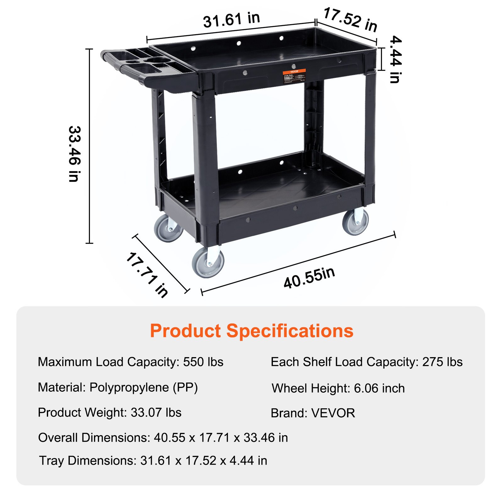 VEVOR Utility Service Cart, 2 Shelf 550LBS Heavy Duty Plastic Rolling Utility Cart with 360° Swivel Wheels, Medium Lipped Shelf, Ergonomic Storage Handle for Warehouse/Garage/Cleaning/Office