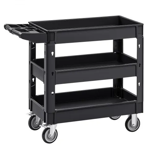 VEVOR Utility Service Cart, 550 LBS Laod Capacity, 3 Shelf Heavy Duty Plastic Rolling Utility Cart with 360° Swivel Wheels (2 with Brakes), Ergonomic Storage Handle for Warehouse/Garage/Cleaning