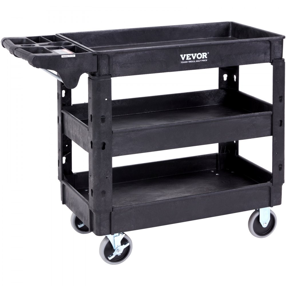 VEVOR Utility Service Cart, 3 Shelf 550LBS Heavy Duty Plastic Rolling  Utility Cart with 360° Swivel Wheels (2 with Brakes), Medium Lipped Shelf
