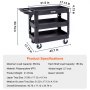 VEVOR utility service cart dimensions and specifications with three sturdy shelves and durable wheels.