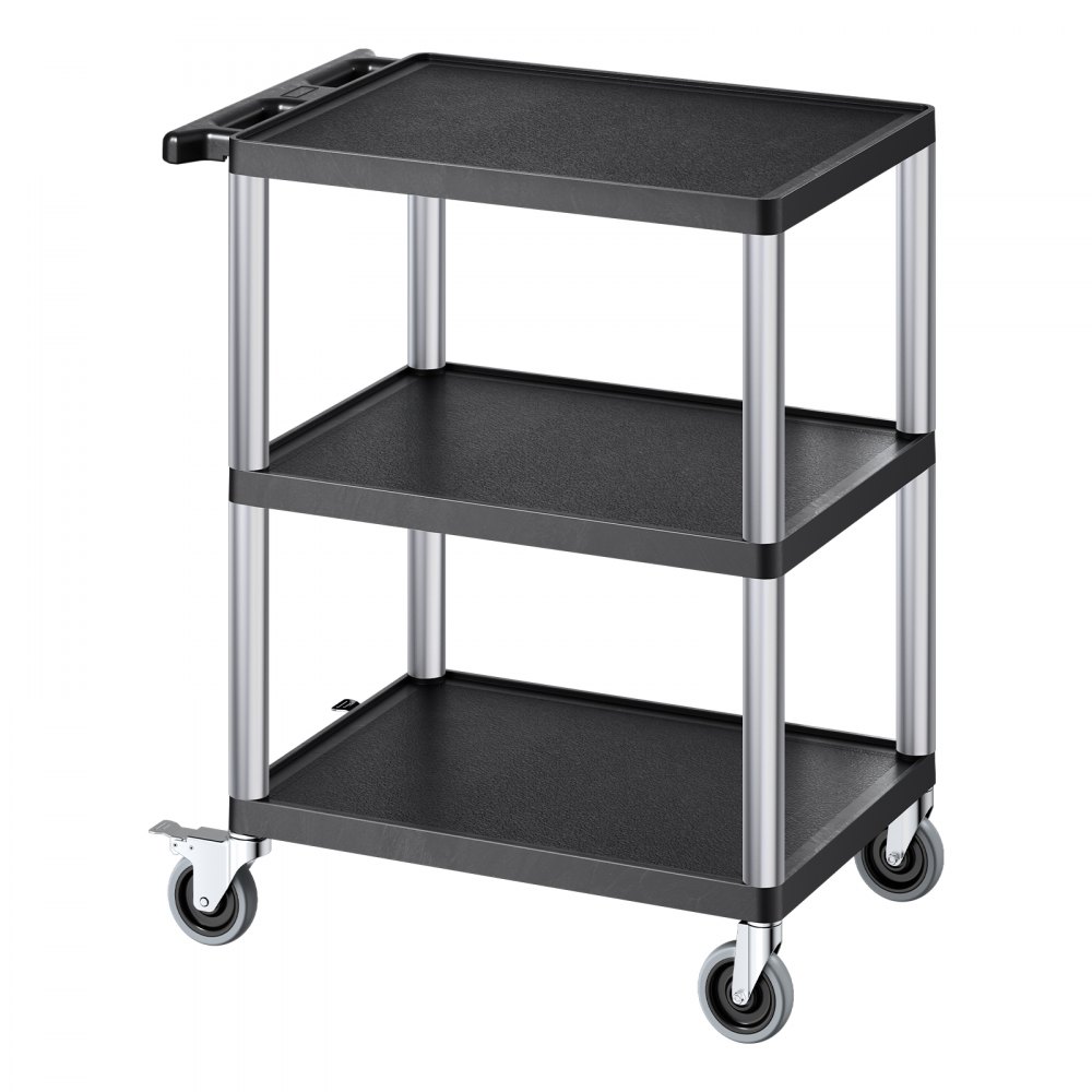 VEVOR Utility Cart, 300 lbs Load Capacity, 27.6 x 18.1-inch Service Cart, Three-Shelf Heavy Duty Plastic Utility Cart with 360° Swivel Wheels (2 with Brakes), Suitable for Warehouse, Garage, Cleaning