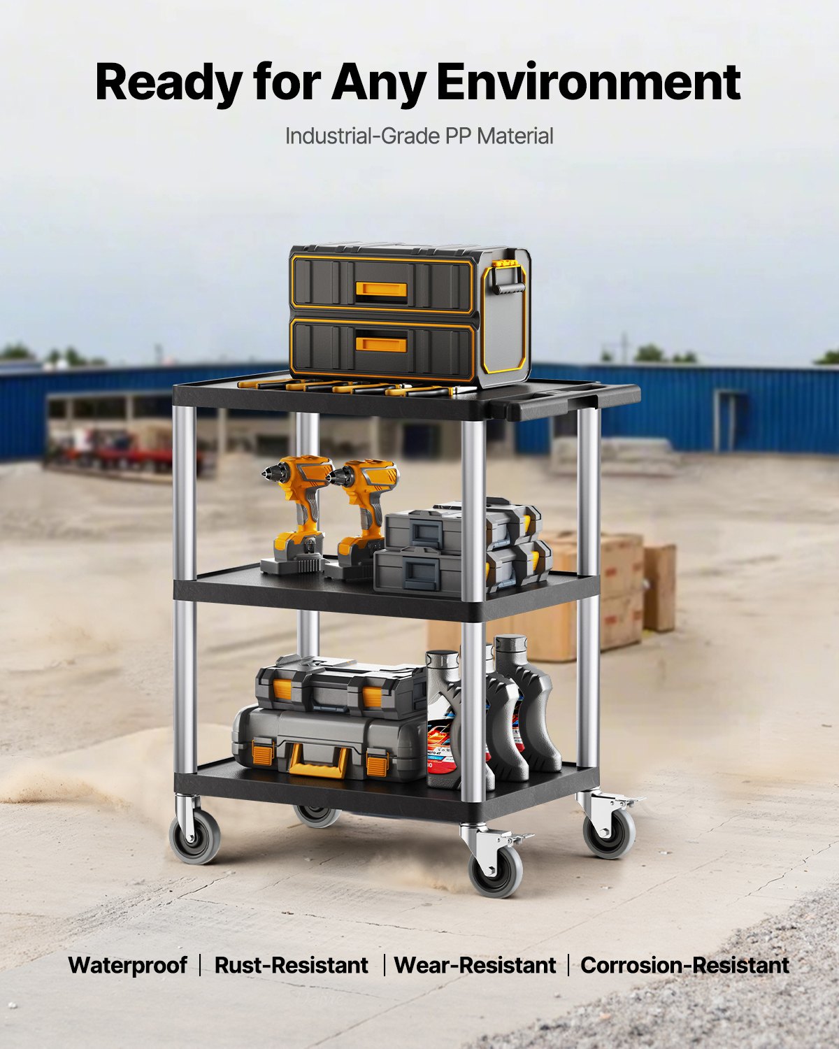 VEVOR Utility Cart, 300 lbs Load Capacity, 27.6 x 18.1-inch Service Cart, Three-Shelf Heavy Duty Plastic Utility Cart with 360° Swivel Wheels (2 with Brakes), Suitable for Warehouse, Garage, Cleaning