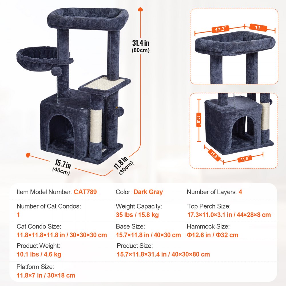 Árbol para gatos VEVOR de 31,4" con poste rascador de sisal y condominio para gatos, color gris oscuro