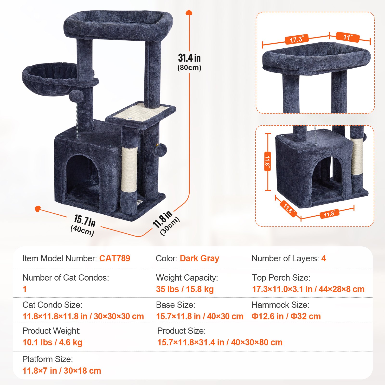 Árbol para gatos VEVOR de 31,4" con poste rascador de sisal y condominio para gatos, color gris oscuro
