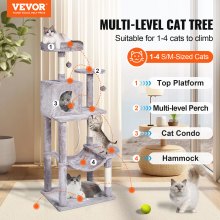 VEVOR Cat Tree 56.2" Cat Tower with Cat Condo Sisal Scratching Post Light Grey