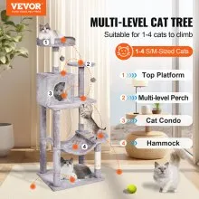 VEVOR Cat Tree 56.2" Cat Tower with Cat Condo Sisal Scratching Post Light Grey
