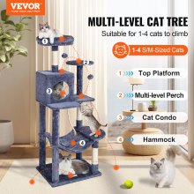 VEVOR Cat Tree 143 cm Cat Tower with Cat Condo Sisal Scratching Post Dark Grey