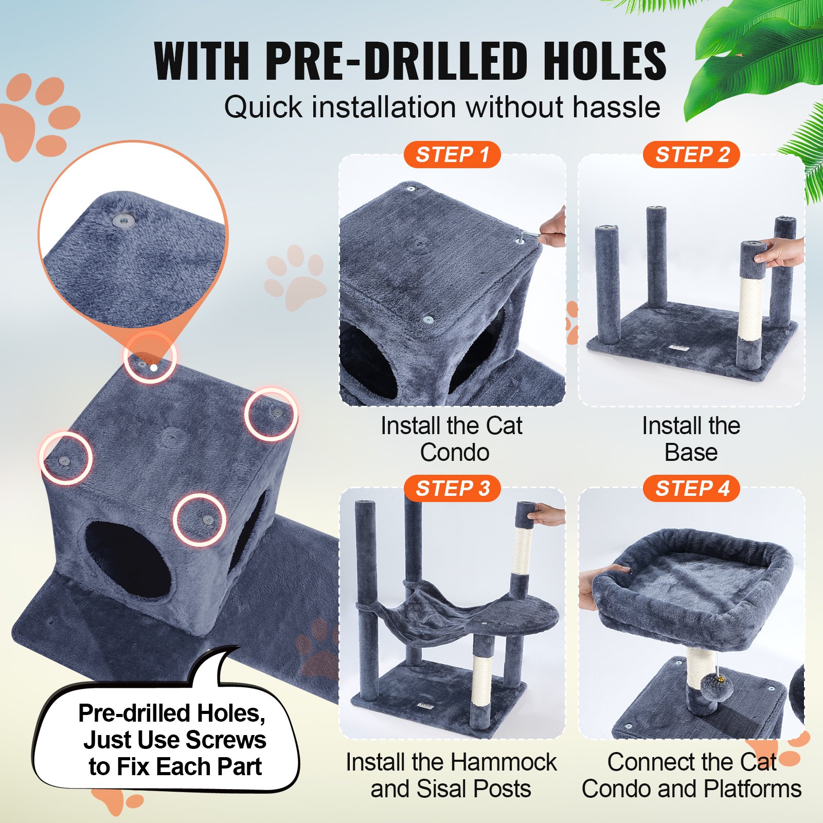 VEVOR Cat Tree for Indoor Cats, 56.2" Cat Tower with Cat Condo, Sisal Scratching Post, Hammock, Top Perch, Jumping Platforms, Large Cat House with Hang Ball, Cat Furniture Activity Center, Dark Grey