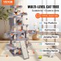 VEVOR Cat Tree for Indoor Cats, 174 cm Cat Tower with 2 Cat Condos, Sisal Scratching Post, Hammocks, Top Perches, Jumping Platforms and Ramp, Cat Furniture Activity Center with Hang Balls, Light Grey