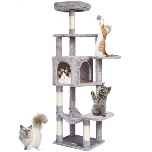 VEVOR Cat Tree for Indoor Cats, 60.6" Cat Tower with Cat Condo, Sisal Scratching Post, Hammock, Top Perch, Jumping Platforms, Large Cat Furniture Activity Center with Hang Ball, Light Grey